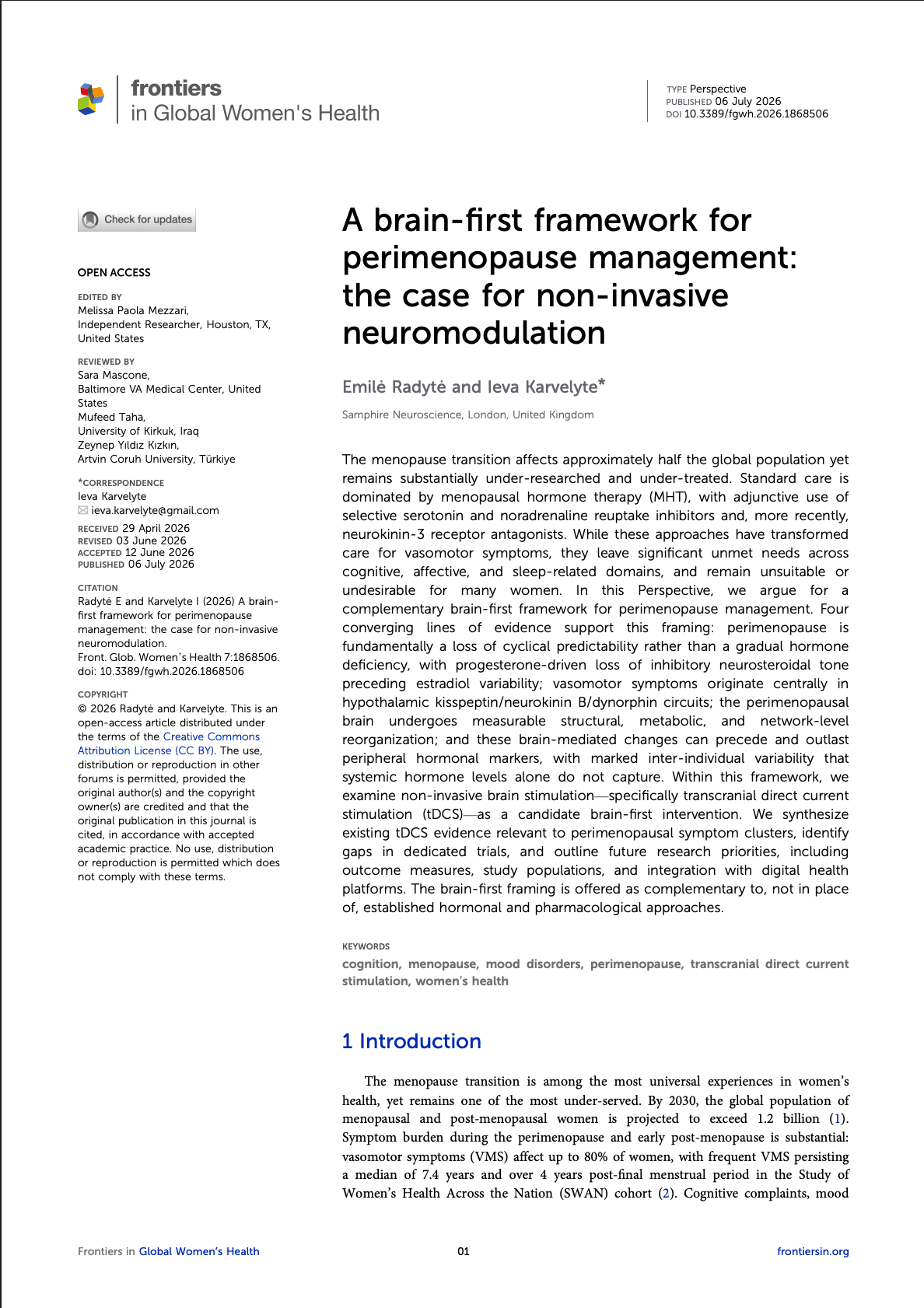 A brain-first framework for perimenopause management: the case for non-invasive neuromodulation